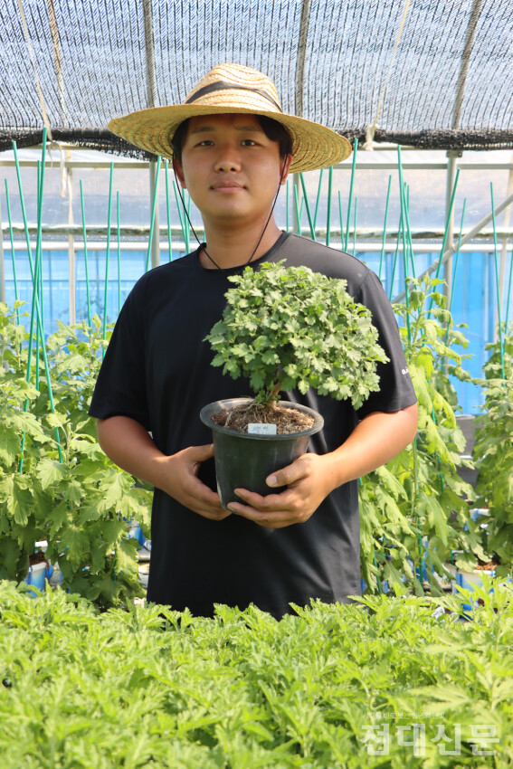김태민 반장이 재배한 분재국 품종인 ‘고산의 여신’을 들고 있는 모습.