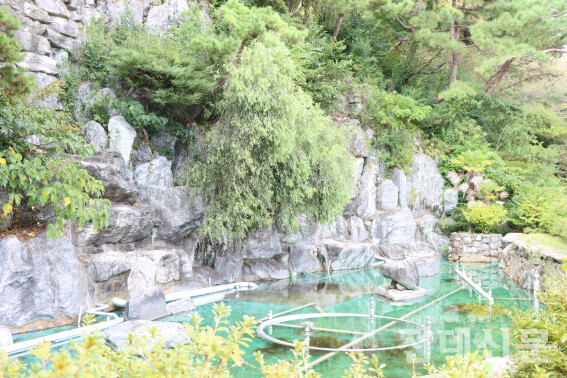 평소에는 운영되지 않는 정문 분수대.